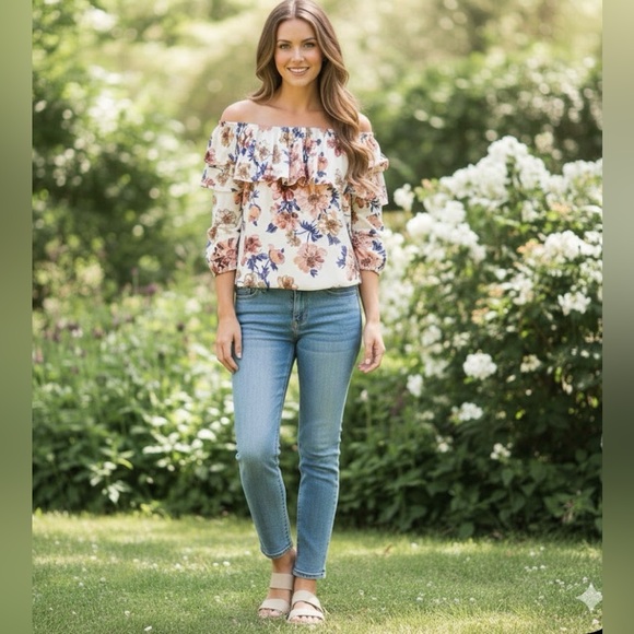 Papayon Tops - Papayon Floral Off-the-Shoulder Ruffle Top - Women’s Size Medium